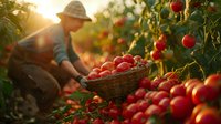 Farmer harvesting fresh ripe tomatoes in wicker basket during golden sunset. Organic farming scene with vibrant red vegetables and natural lens flare creates warm agricultural atmosphere.