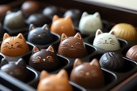 Cute cat-shaped chocolate bonbons in assorted colors arranged in box. Handmade confectionery with kawaii animal design shows smiling feline faces in dark, milk, and white chocolate.