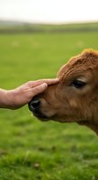Person's hand gently touching brown calf's head in green pasture. Farmer or caretaker showing affection to young livestock animal outdoors.