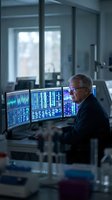 Senior Caucasian male trader analyzing financial data on multiple computer monitors in modern office environment for investment and market research.