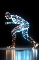 Glowing particle silhouette of athlete in running stance against dark background with light reflection on surface, digital sports visualization concept.