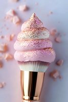 Makeup brush with pink cream swirled like soft serve ice cream, topped with sparkly glitter against pastel background. Creative cosmetic art photography.