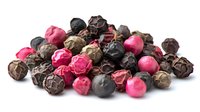 Colorful mix of black, pink, and brown peppercorns isolated on white background for culinary use in gourmet cooking and food photography.