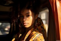 Young African American woman with natural curly hair in yellow patterned jacket sitting in car during golden hour sunlight, soft warm glow illuminates her face.