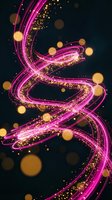 Glowing neon pink and gold swirling light trails with sparkling particles and bokeh effects on dark background, suitable for digital design and creative projects.