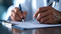 Medical professional in white coat writing on clipboard during patient consultation, close-up view of hands holding pen, healthcare documentation in clinic.