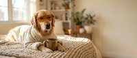 Golden retriever dog wearing cozy knit sweater relaxing on textured blanket with coffee mug in warm sunlit bedroom interior for pet comfort lifestyle.