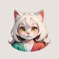 Stylized anthropomorphic white cat character with yellow eyes and shoulder-length hair wearing casual clothing in green and red. Anime-inspired avatar design on light background.