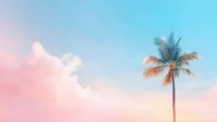 Lone palm tree against pastel pink and blue sky with fluffy clouds at sunset creates dreamy tropical atmosphere for relaxation and wellness designs.