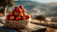Fresh ripe tomatoes in wicker basket on rustic wooden table with blurred mountain landscape background. Organic harvest vegetables for healthy cooking and farm market.