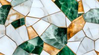 Luxurious geometric marble mosaic pattern in white, emerald green and gold colors creates elegant abstract background for interior design and decoration purposes.