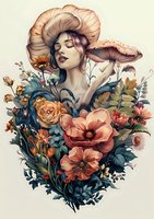 Surreal portrait of woman with mushroom hat surrounded by coral poppies, roses and teal foliage in vintage botanical illustration style. Fantasy floral composition.