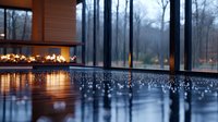 Modern luxury spa pool with raindrops creating ripples on water surface, floor-to-ceiling windows overlooking winter forest, warm fireplace ambiance for wellness retreat.
