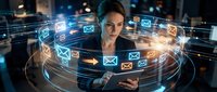 Woman professional using tablet with glowing email icons and digital communication network overlay, representing modern business messaging and connectivity solutions.
