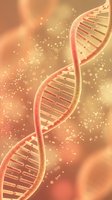 DNA double helix structure with glowing particles on warm orange background. Suitable for genetics, biotechnology, medical research, science education, and healthcare presentations.