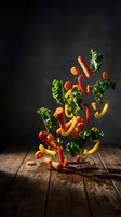 Fresh vegetables flying in air above wooden table against dark background for healthy cooking and nutrition concepts.