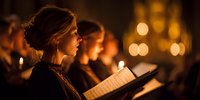 Young woman singing in choir holding sheet music during evening performance, illuminated by warm candlelight in atmospheric church setting.