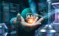 Hand holding glowing artificial intelligence brain with digital data streams and futuristic holographic interfaces in cyberpunk technology environment.