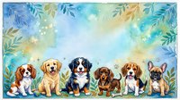 Watercolor puppies border with golden retriever, beagle, dachshund, French bulldog, and spaniel on teal floral background with copy space.