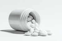 White pharmaceutical pills spilling from prescription bottle on white background, dramatic lighting and shadow creates minimalist medical composition.