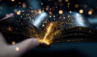 Magical glowing open book with sparkling golden light and bokeh effects emerging from pages against dark background, creating mystical atmosphere.