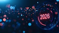 Futuristic digital display showing year 2026 with glowing neon pink numbers surrounded by blue and orange bokeh lights on dark background.