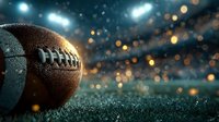 American football on field with dramatic stadium lights and bokeh effects creating atmospheric sports background for game day promotions.
