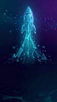 Glowing low poly rocket launching into dark blue space with cyan geometric triangles and stars, symbolizing startup growth and innovation.