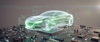 Futuristic electric car hologram with green energy visualization floating above circuit board representing automotive technology innovation and smart transportation.