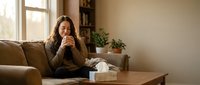 Young woman with long dark hair and South Asian ethnicity sitting on beige sofa, resting chin on hands in thoughtful pose. Warm home interior with wooden table, tissue box, and natural window light. Suitable for mental health, wellness, contemplation, and lifestyle editorial use.
