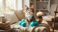 Adorable fluffy orange tabby cat wearing cozy knitted sweater sitting on sofa with yarn balls in bright modern living room interior for pet lifestyle content.