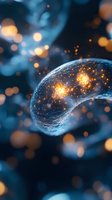 Glowing energy sphere with luminous particles and network structure on dark background, orange light effects and bokeh create magical atmosphere.