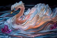 Graceful swan in fluid motion, featuring swirling peach and blue tones against dark water with purple crystal accents, creating ethereal artistic composition.