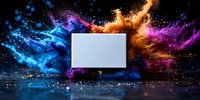 Blank white card mockup surrounded by colorful powder explosion in blue, orange and purple hues against dark background with glitter particles on surface.