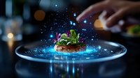 Floating burger with fresh green salad and glowing blue water ripples effect on dark background, creative food photography with magical splash and bokeh lights.