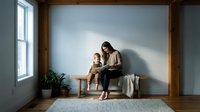 Young Asian mother reading book with toddler son on wooden bench in minimalist living room with natural light streaming through large windows.