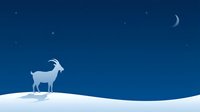 Silhouette of a goat standing on snowy terrain under a starry night sky with crescent moon, suitable for winter holiday designs, greeting cards, and seasonal marketing materials.