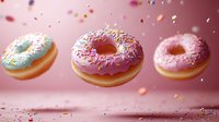 Levitating glazed donuts with colorful sprinkles scattered in motion against pink background. Sweet pastries floating in zero gravity create dynamic composition.
