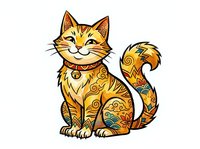 Golden lucky cat with ornamental patterns and swirling designs on white background, isolated clipart suitable for t-shirts, greeting cards, and decorative design projects.