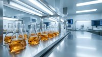 Laboratory glassware with amber liquid samples arranged on sterile counter in modern research facility for scientific analysis and testing procedures.