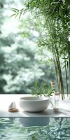 Serene spa composition with white ceramic bowl, bamboo plants, and water reflection. Natural wellness setting featuring minimalist decor and soft lighting.