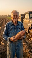 Senior Caucasian farmer in denim overalls holding sweet potatoes at sunset on agricultural field with vintage truck for farming and harvest concepts.