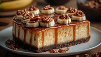 Caramel banana cheesecake with chocolate crust, topped with fresh banana slices, drizzled caramel sauce and candied pecans on white plate, dark background.