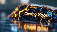 Glowing text Coming Soon reflected on dark water surface with abstract golden light cracks and bokeh effects creating dramatic atmosphere.