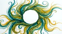 Swirling teal and gold flowing ribbons form circular frame on white background, isolated design element for graphic projects, web design, and creative compositions.