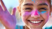 Young Asian woman with bright colorful holi powder paint on face showing joyful smile and painted hand, celebrating spring festival in natural light.