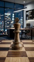 Wooden chess queen piece on checkered board in modern office with city skyline view through windows, representing strategy and business planning.