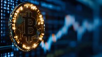 Golden bitcoin cryptocurrency coin with glowing lights against blurred financial chart background showing market growth trends for digital investment concepts.