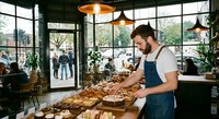 Young male baker arranging fresh pastries on wooden counter in modern bakery with large windows and warm lighting during daytime service.