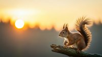 Red squirrel sitting on wooden log during golden hour sunset with warm bokeh background creating peaceful wildlife scene for nature photography projects.